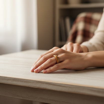 Drewniany pierścionek z drewna tekowego & złotym brokatem – rustykalna obrączka handmade