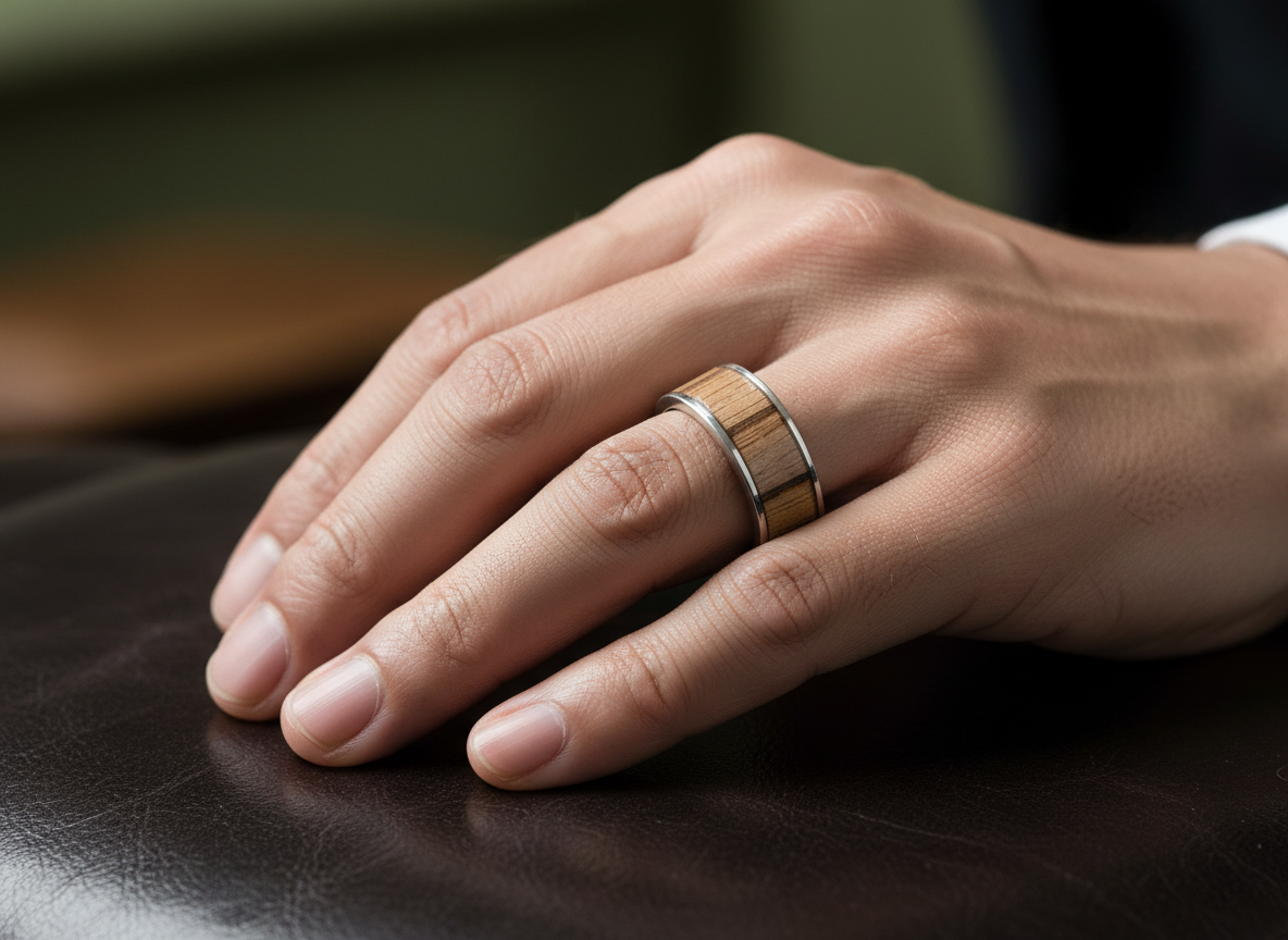 Męski pierścionek ze stali chirurgicznej z intarsją z drewna Zebrano – eleganczna, naturalna biżuteria