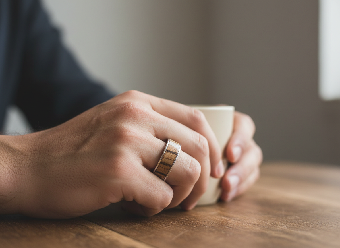 Męski pierścionek ze stali chirurgicznej z intarsją z drewna Zebrano – eleganczna, naturalna biżuteria