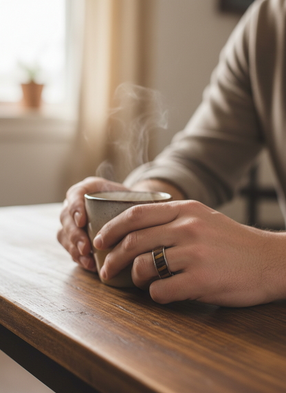 Męski Pierścionek ze Stali Chirurgicznej z Intarsją z Drewna Tekowego – Biżuteria Handmade z Naturą