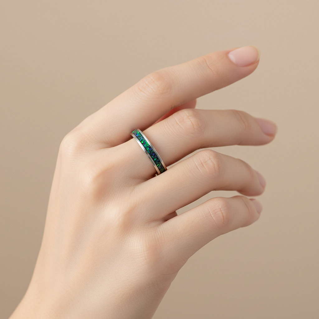 Minimalistyczny pierścionek z zielonym szafirem i opalem – trwała obrączka handmade ze stali chirurgicznej