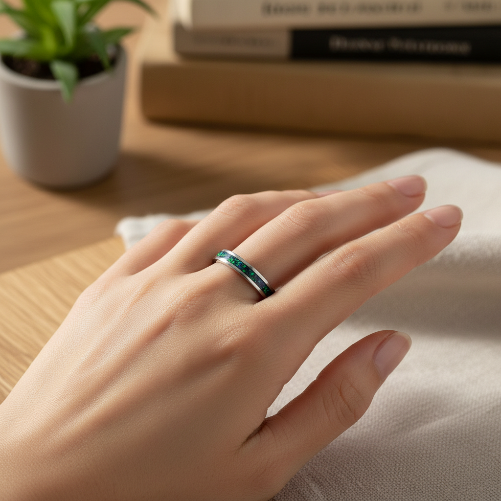 Minimalistyczny pierścionek z zielonym szafirem i opalem – trwała obrączka handmade ze stali chirurgicznej