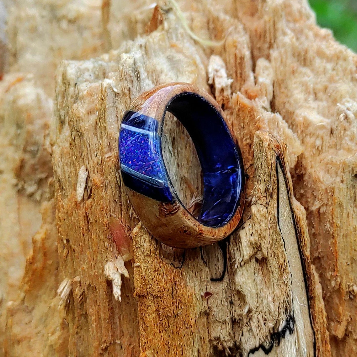 Burl Wood Ring & Blue Opal on a Dark Blue Core