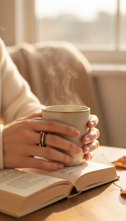 Pierścionek z orzecha z srebrnym brokatem – ręcznie robiony drewniany pierścionek dla niej