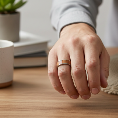 Męski Pierścionek ze Stali Chirurgicznej z Inkrustacją z Drewna „Rose Veneer” – Rękodzieło Handmade