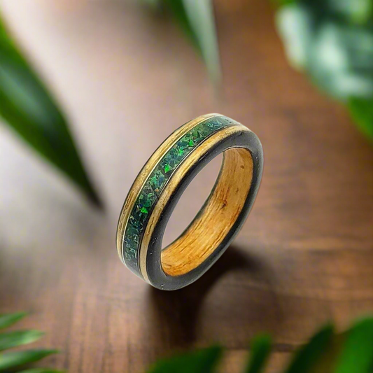 Bentwood ash ring with dark green crushed opal inlay, handmade