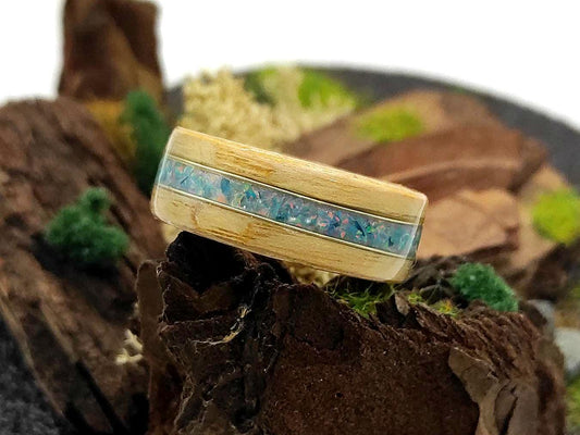 Bentwood ash wood ring with turquoise opal inlay, eco-friendly