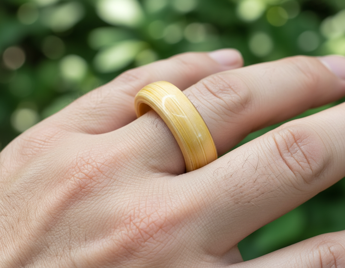 pierścionek z drewna bambusowego na palcu, naturalne światło