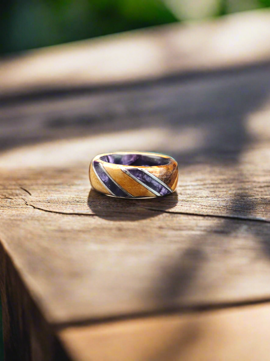 Birch burl wood ring with purple celluloid inlay, artisan jewelry