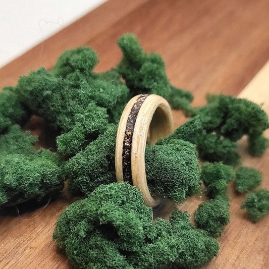Birch wood ring with brown glitter inlay, feminine style