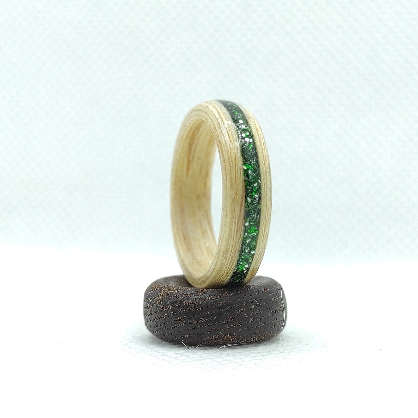 Handmade birch wood ring with natural wood grain pattern