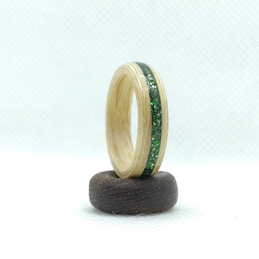 Handmade birch wood ring with natural wood grain pattern