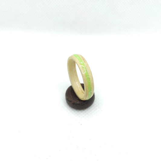Handmade birch wood ring with neon green glitter inlay 
