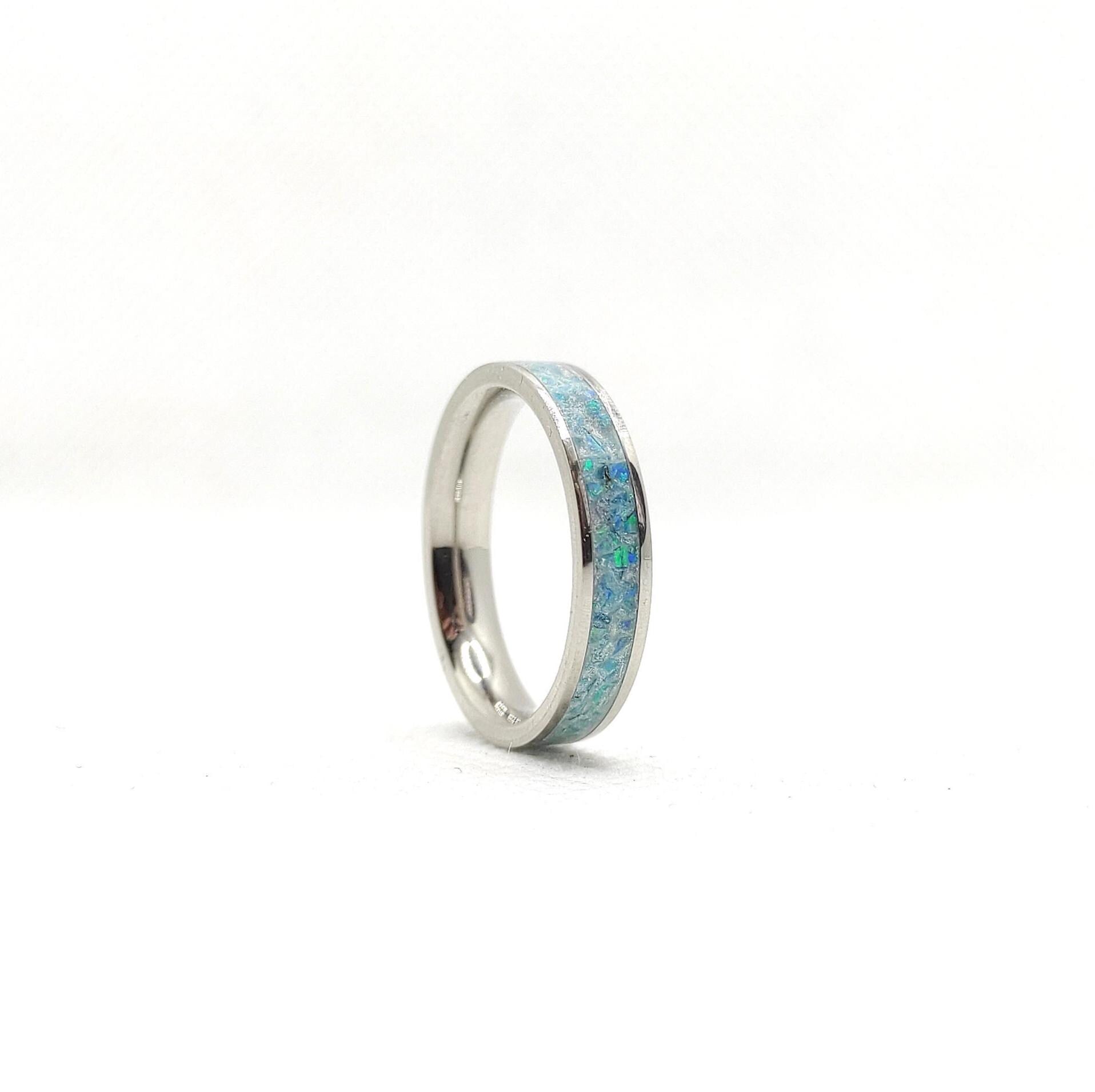 Blue crushed opal ring with stainless steel band, minimalist design