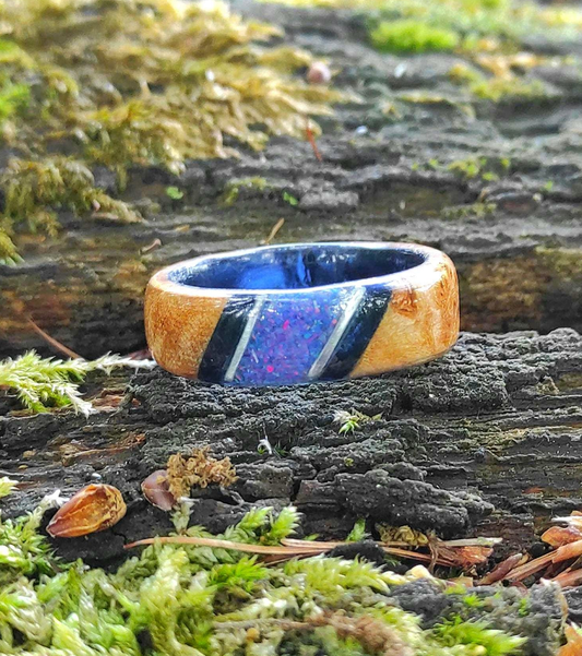 Burl wood ring with blue opal on dark blue core, handmade piece