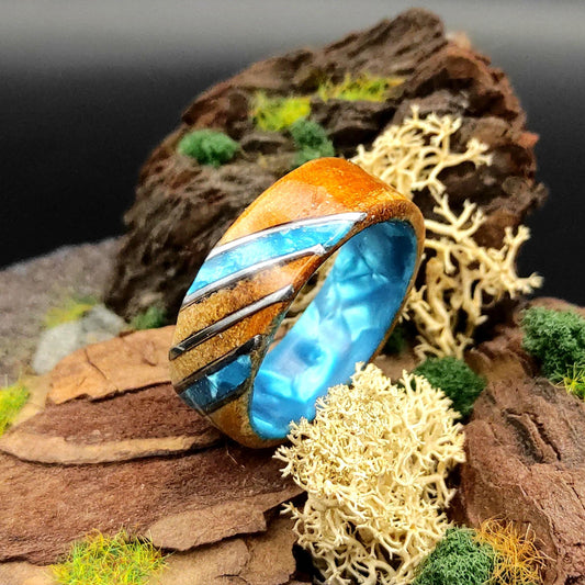 Burl wood ring with light blue opal accents, artisan bentwood