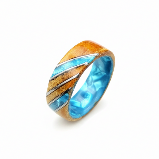 Burlowy Błękit — Ręcznie Robiony Drewniany Pierścień Unisex z Turkusowymi Akcentami