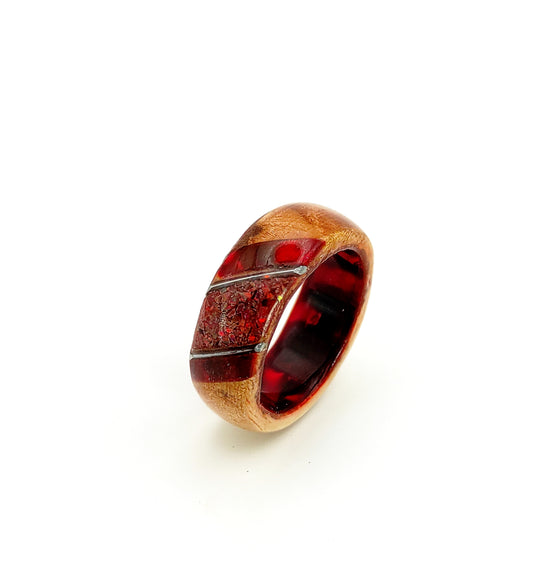 Crimson ember ring with crushed red opal and celluloid inlay, wood ring