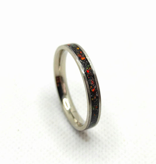 Dark copper crushed opal ring with stainless steel band, unique gift