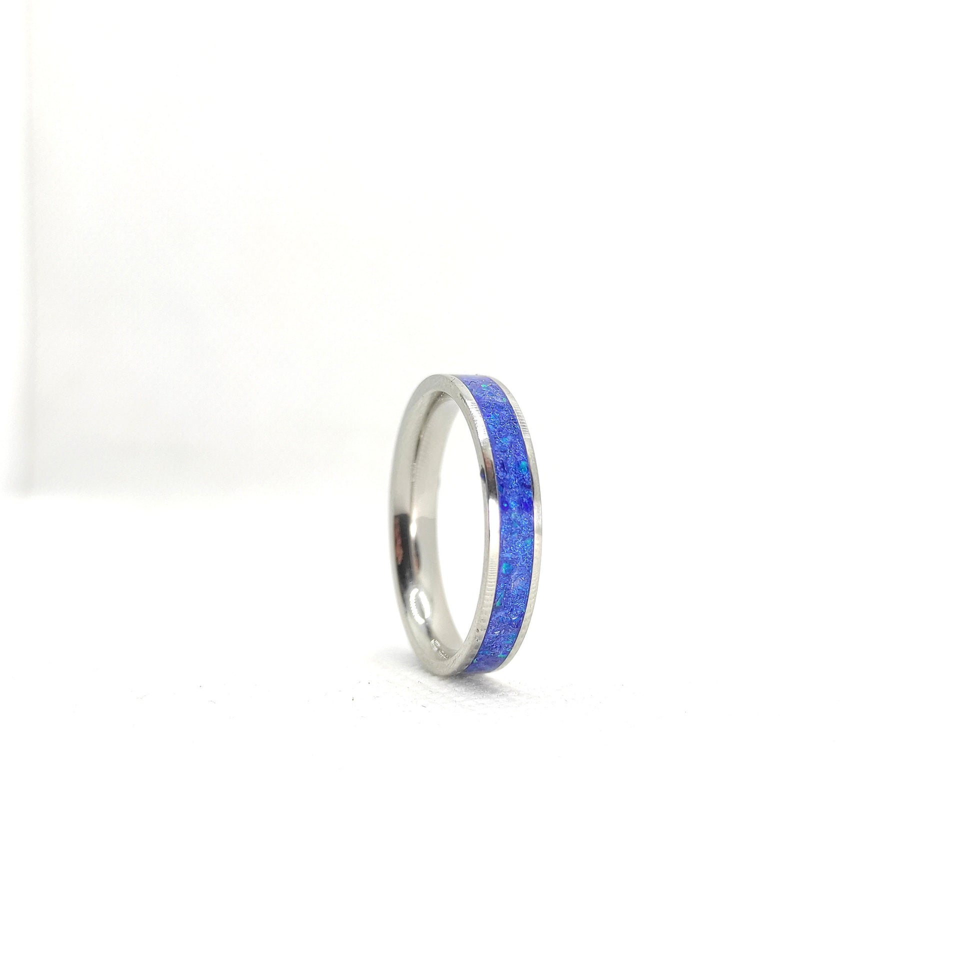 Dark garnet opal inlay band with stainless steel core, elegant ring