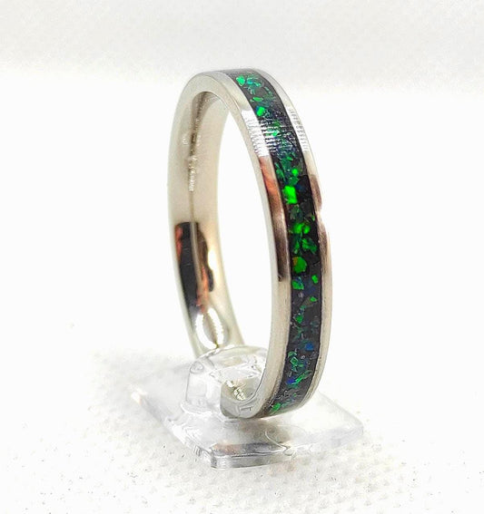 Dark green crushed opal band with steel core, artisan handmade