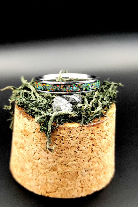 Dark mint crushed opal ring on stainless steel, delicate minimalist ring