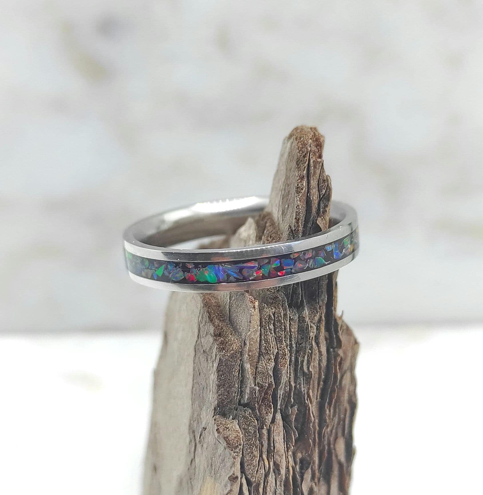 Dark turquoise opal ring with steel base, water-resistant ring