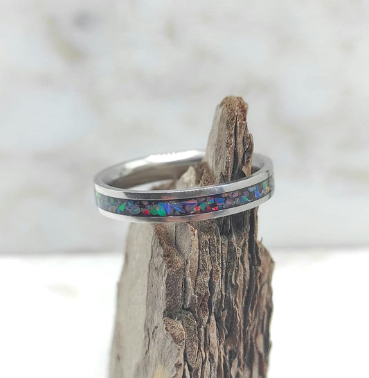 Dark turquoise opal ring with steel base, water-resistant ring