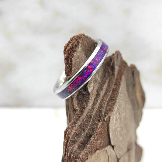 Deep purple crushed opal inlay ring with stainless steel band