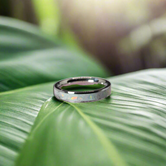 Fire and snow crushed opal ring with stainless steel core, elegant design