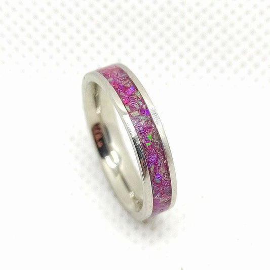 Fuchsia crushed opal ring with stainless steel base, vibrant style