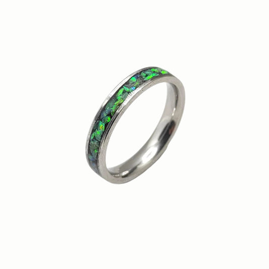 Green lemon crushed opal ring on stainless steel, minimalist gift