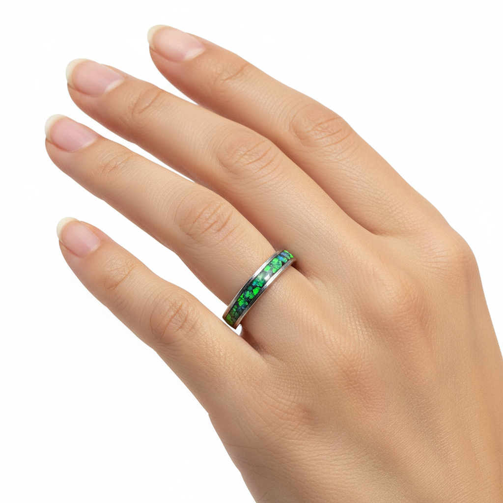 Zielony Blask Opalu – Ręcznie Robiony Pierścionek z Opalem na Stali Szlachetnej