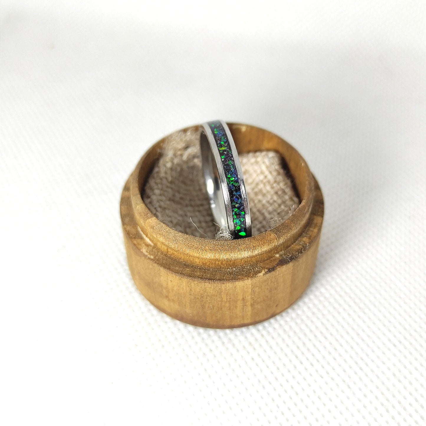Green sapphire opal ring with stainless steel band, water-resistant ring