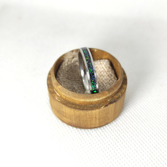 Green sapphire opal ring with stainless steel band, water-resistant ring