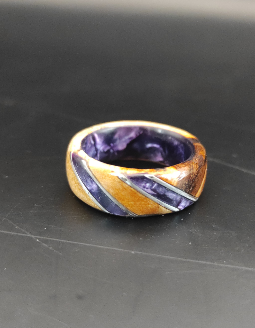 Birch burl Ring and purple celluloid