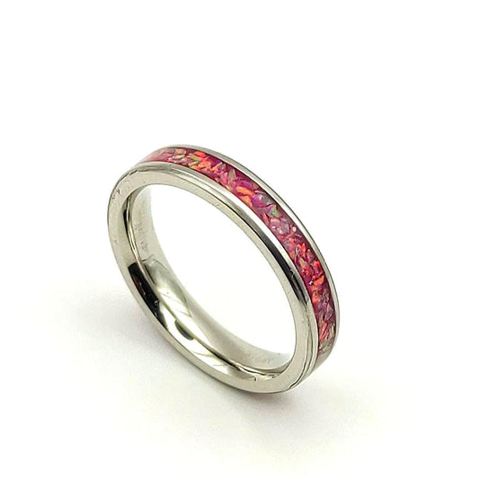 Pink crushed opal ring in stainless steel band, feminine minimalist ring
