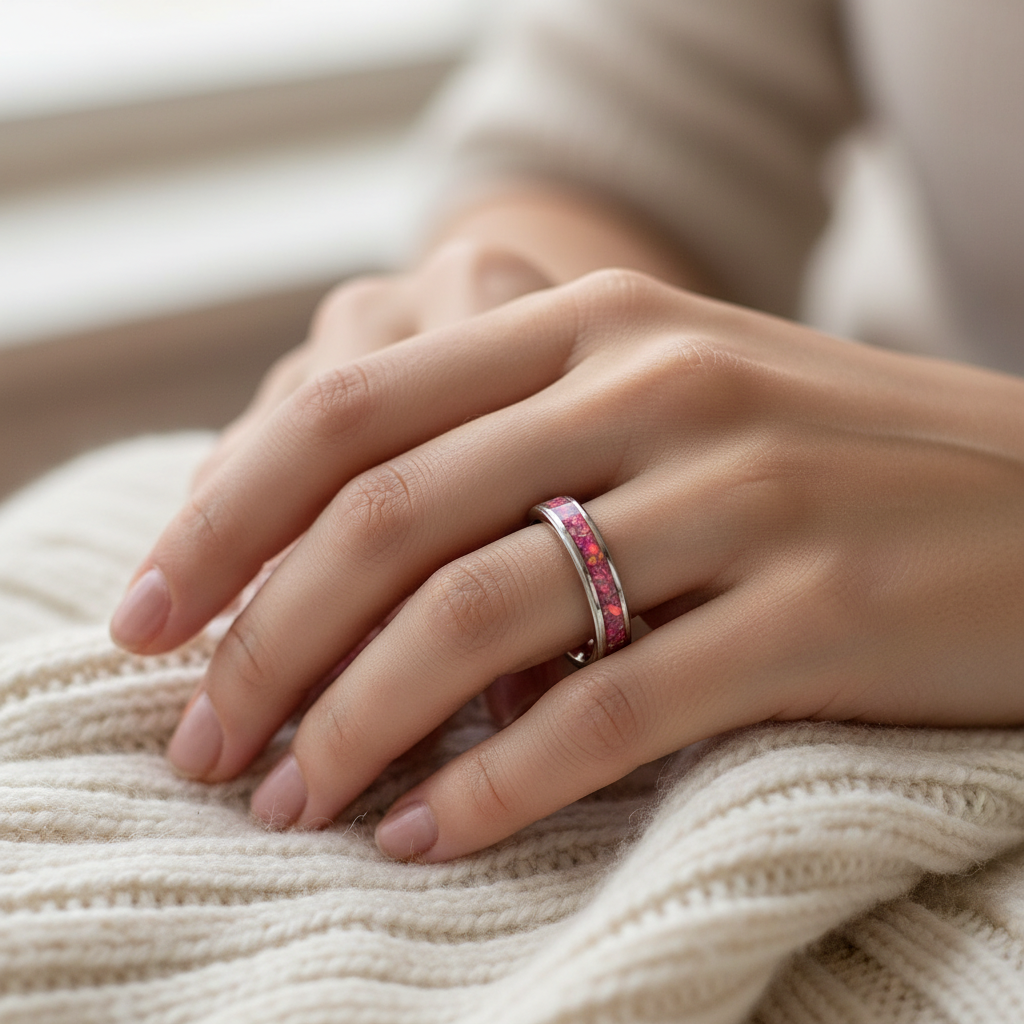 Różowy Blask Opalu – Handmade Pierścionek ze Stali Szlachetnej i Kruszonego Opalu
