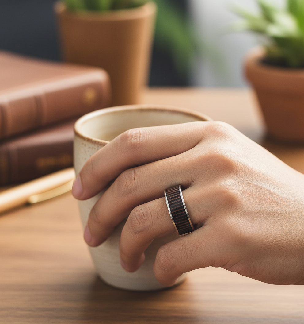 Męski Pierścionek ze Stali Chirurgicznej z Intarsją z Drewna Wenge – Elegancka Biżuteria Handmade