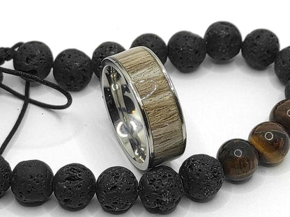 Męski pierścionek z szarego dębu z inkrustacją – ręcznie robiony drewniano-metalowy pierścionek dla niego - WoodRingsByJet