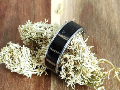 Męski pierścionek ze stali chirurgicznej z intarsją z czarnego drewna Zebrano (Black Zebrawood) – nowoczesny dodatek dla mężczyzn - WoodRingsByJet