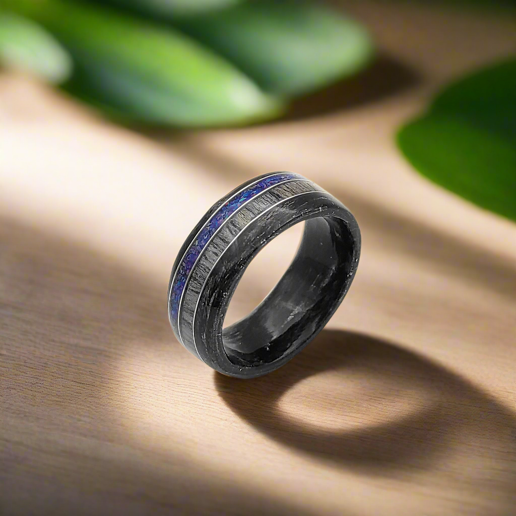 Black Oak & Gray Oak Ring with Blue Opal and Silver Wire