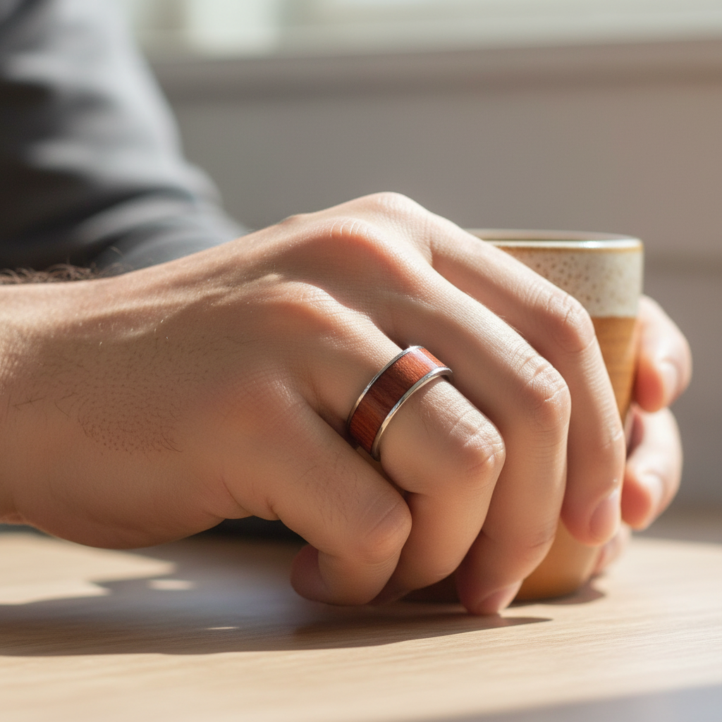 Męski Pierścionek ze Stali Chirurgicznej z Intarsją z Drewna Mahoniowego – Stylowa Biżuteria Handmade