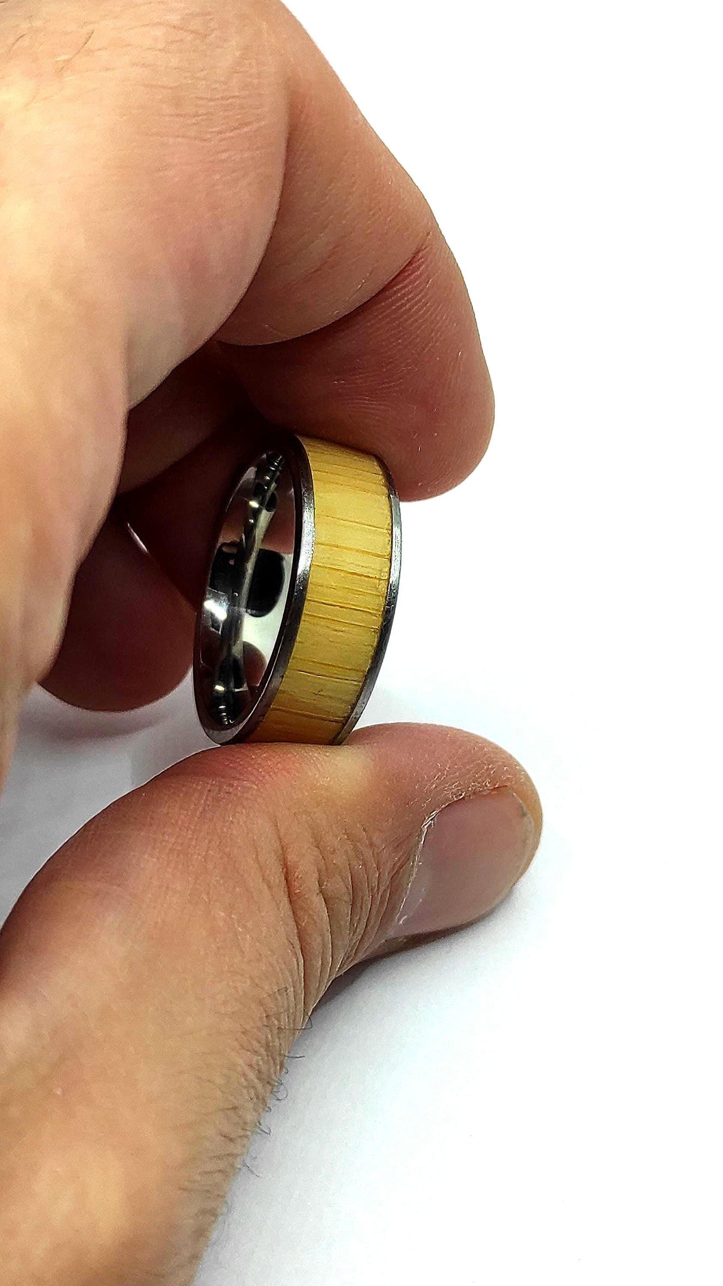 Metal & Wide Bamboo Inlay Ring