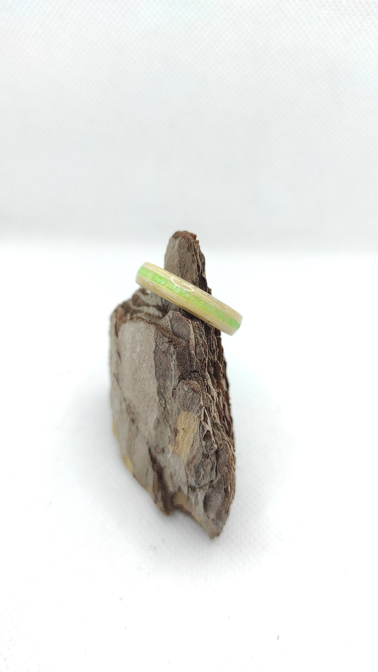 Handmade Birch Wood Ring with Neon Green Glitter – Minimalist Nature-Inspired Wooden Band | Eco-Friendly Gift