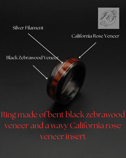 Pierścionek z drewna Zebrano z wstawką z California Rose – ręcznie gięty pierścionek męski drewniany - WoodRingsByJet