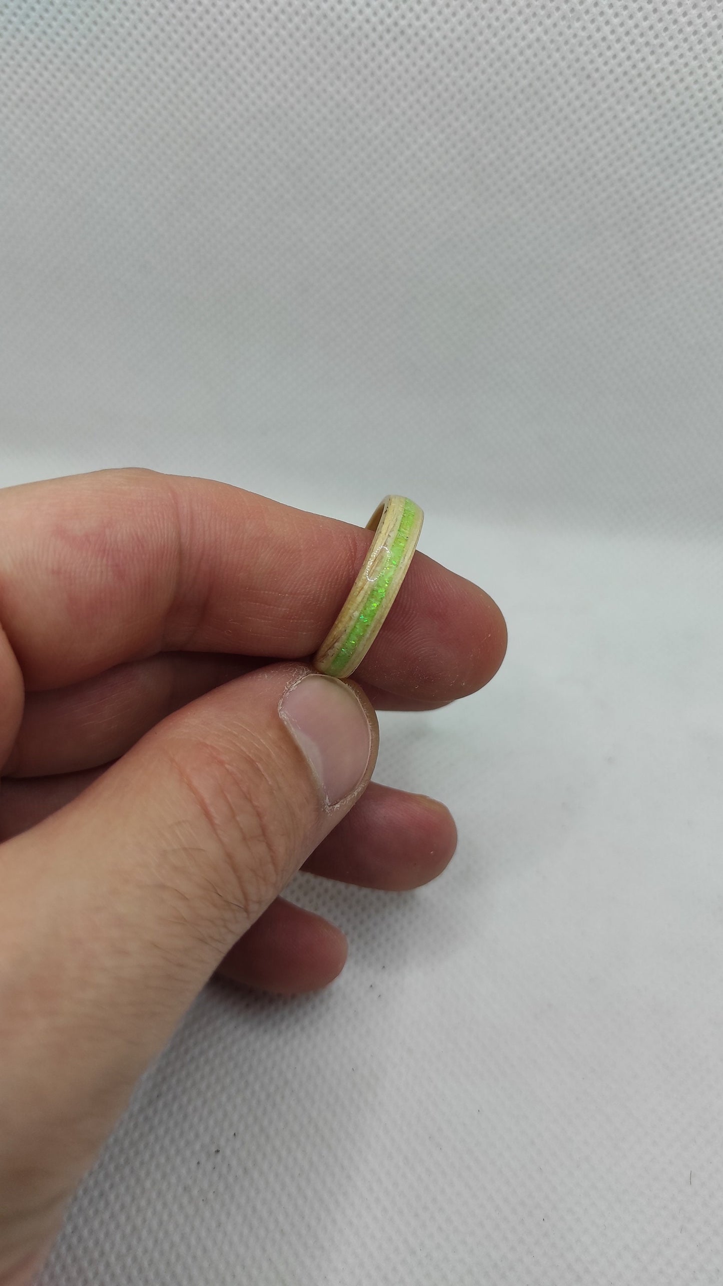 Handmade Birch Wood Ring with Neon Green Glitter – Minimalist Nature-Inspired Wooden Band | Eco-Friendly Gift