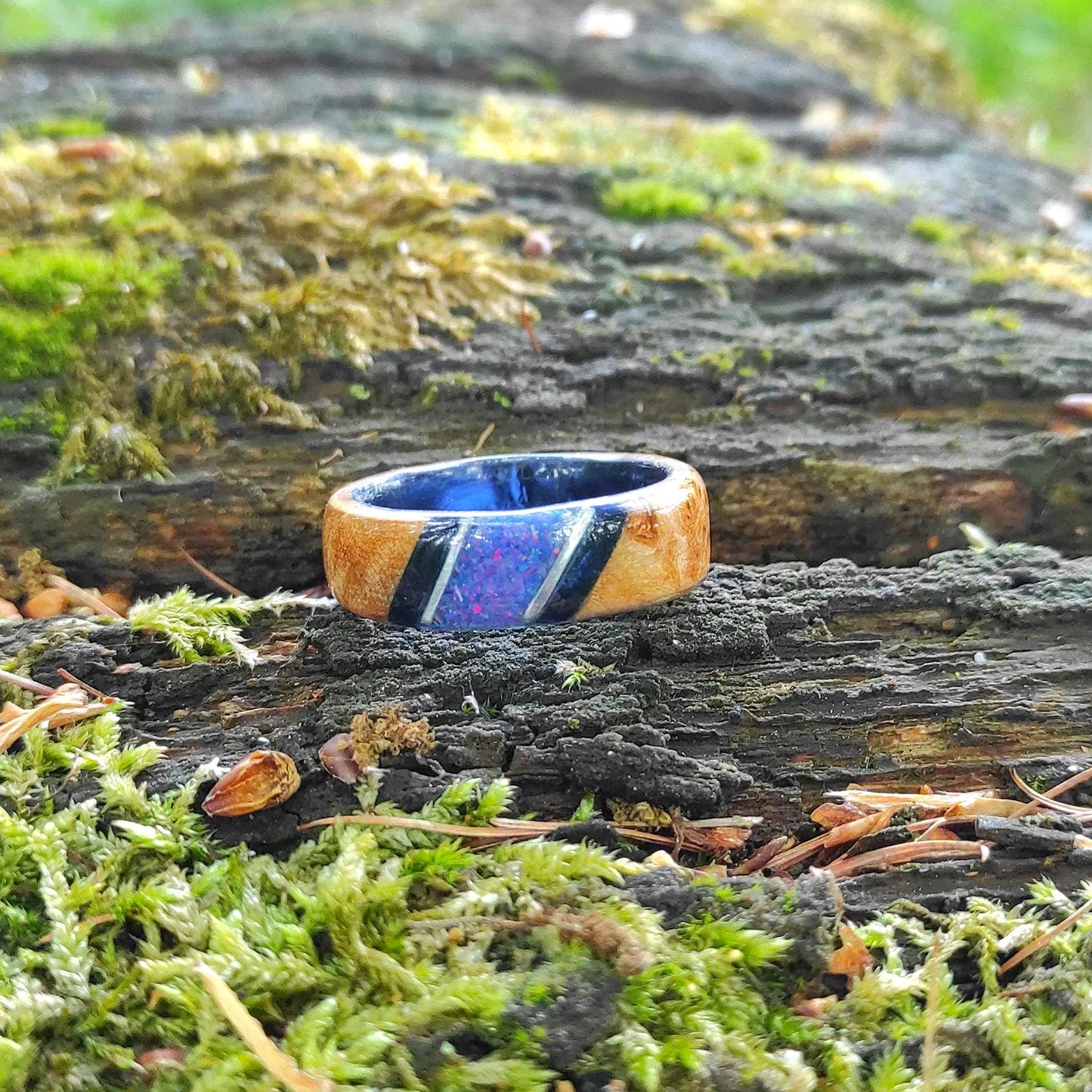 Burl Wood Ring & Blue Opal on a Dark Blue Core