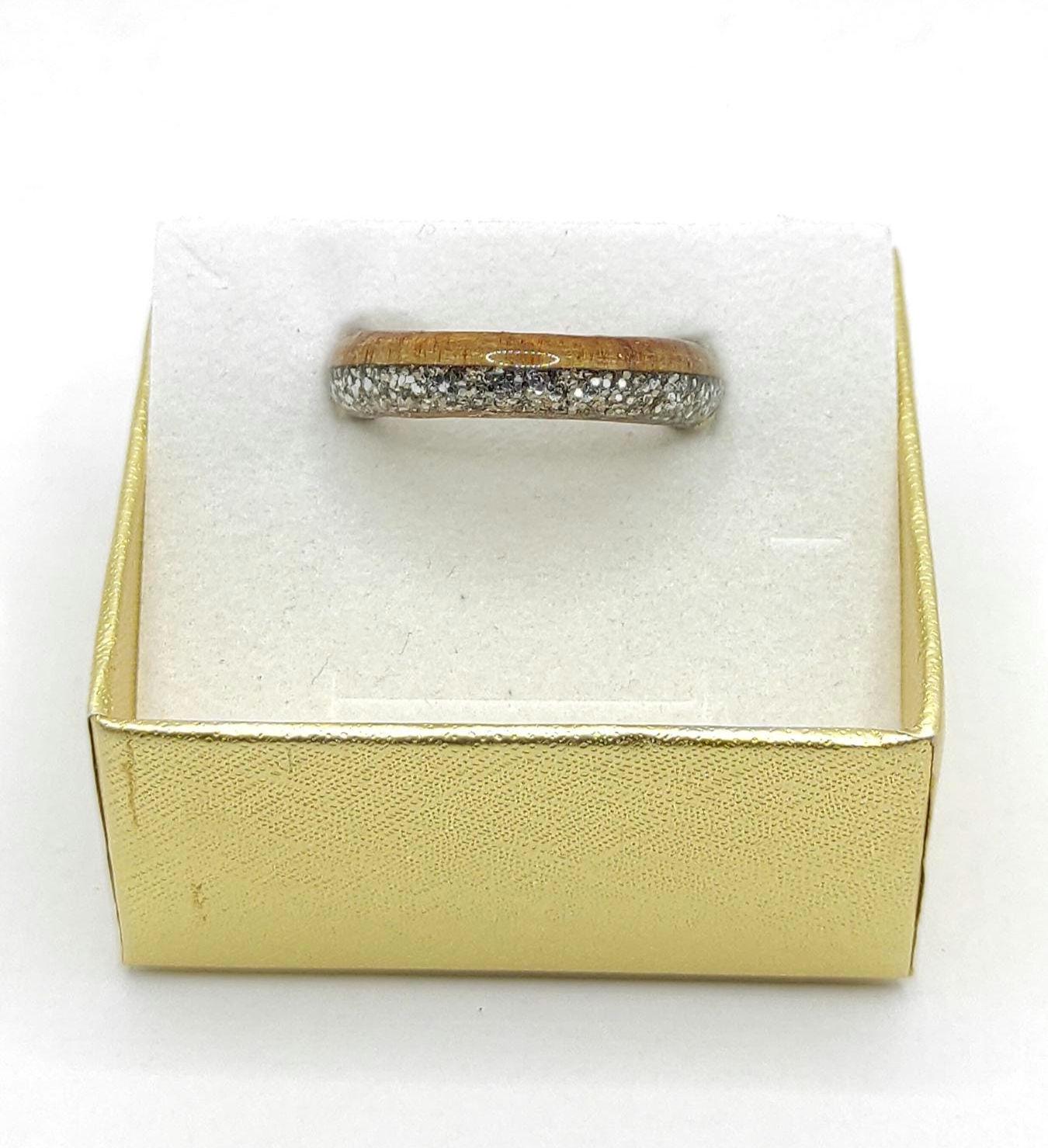 Willow wood and silver glitter bentwood ring displayed in eco-friendly gift packaging