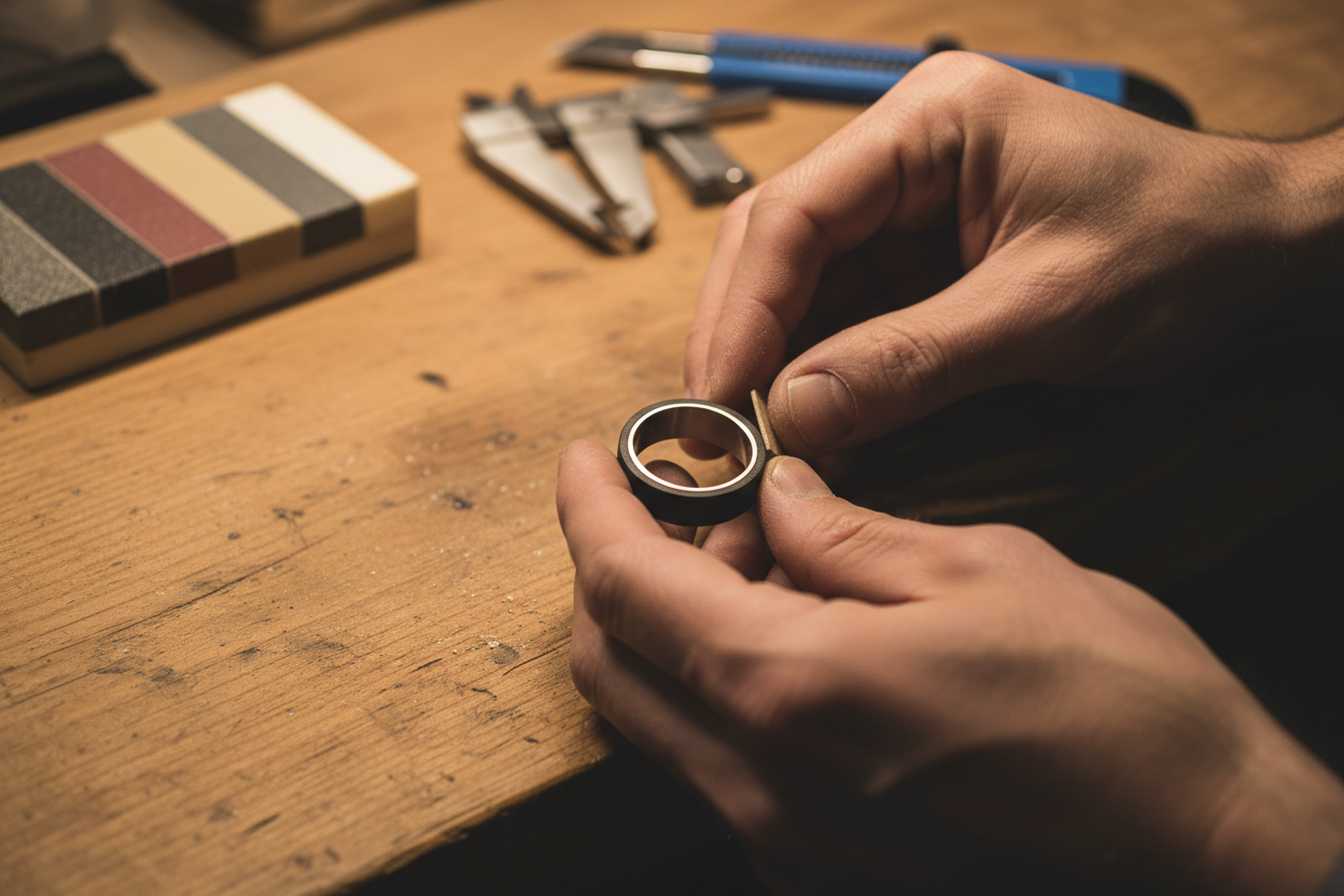 “Realistic close-up photo of a craftsman preparing a ring core on a wooden workbench. The ring base (wood, composite or stainless steel insert) is held between the fingers while being inspected or lightly sanded. Tools visible in the background: sanding block, precision knife, calipers. Warm workshop lighting, high detail, natural textures, shallow depth of field.”